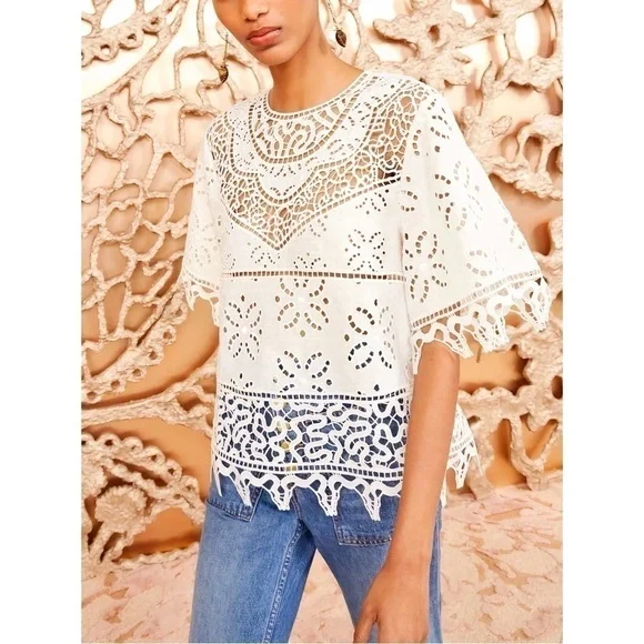 Ulla Johnson White Short-Sleeve Floral Lace Aria Eyelet Blouse